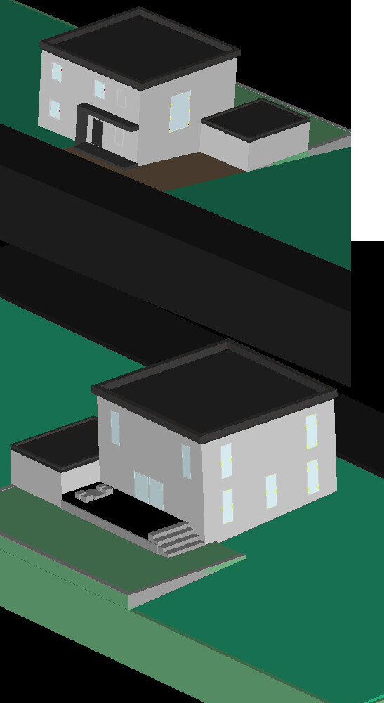 Isometrische Ansicht zweier moderner Häuser als Bauprojektmodell