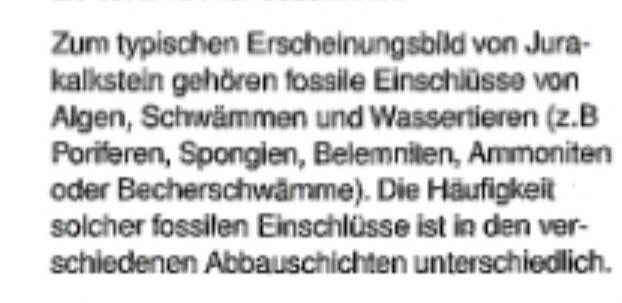 Textabschnitt erklärt fossile Einschlüsse in Kalkstein (Algen, Schwämme, Wassertiere) und ihre Häufigkeit.