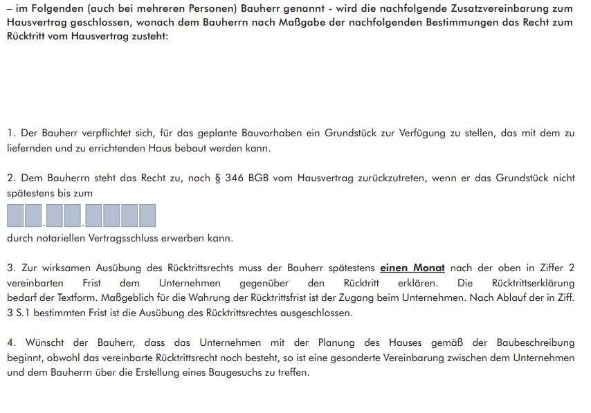 Vertragliche Zusatzvereinbarung zum Hausvertrag mit Rücktrittsrecht und Fristen