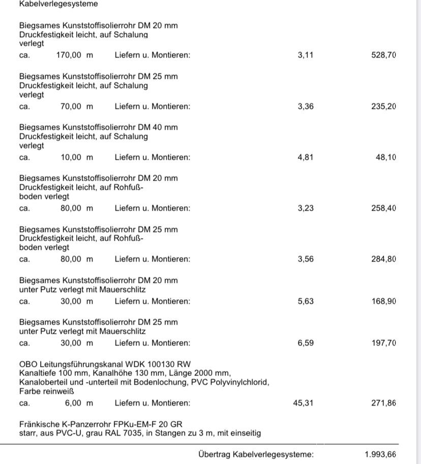Auflistung von Kabelverlegesystemen: biegsame Kunststoffisolierrohre, Längenangaben und Preise.