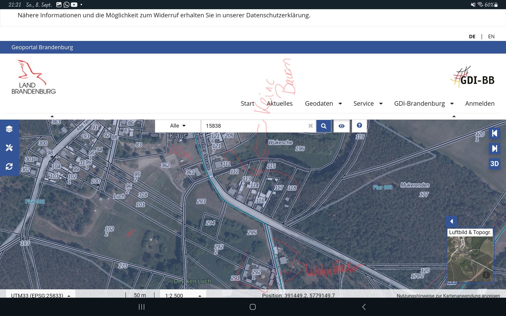 Geoportal Brandenburg Kartenansicht mit Parzellen, Straßennetz und Geländestruktur.