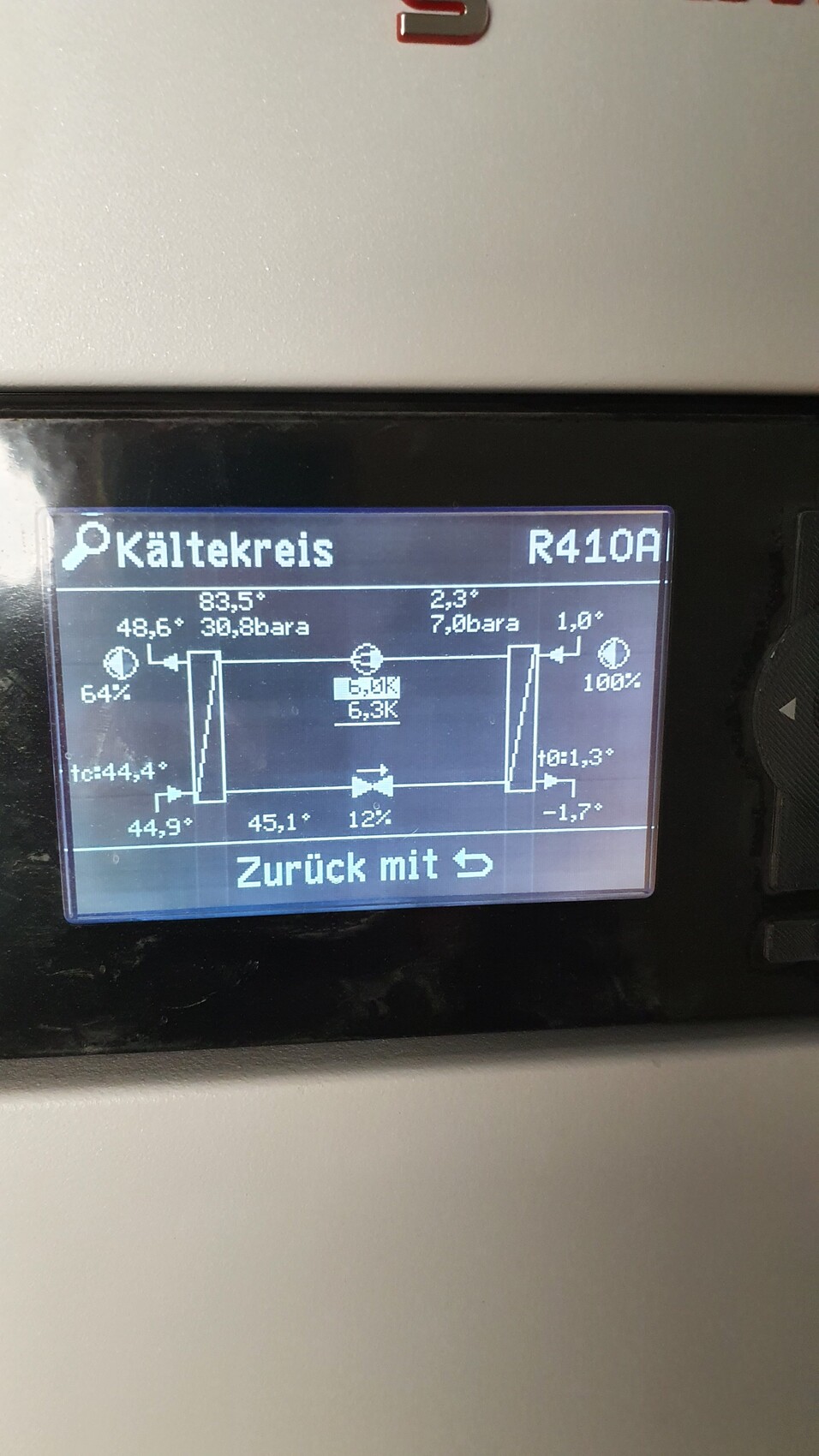 Display eines Kältekreis-Diagramms mit R410A, Temperaturen, Drücken.