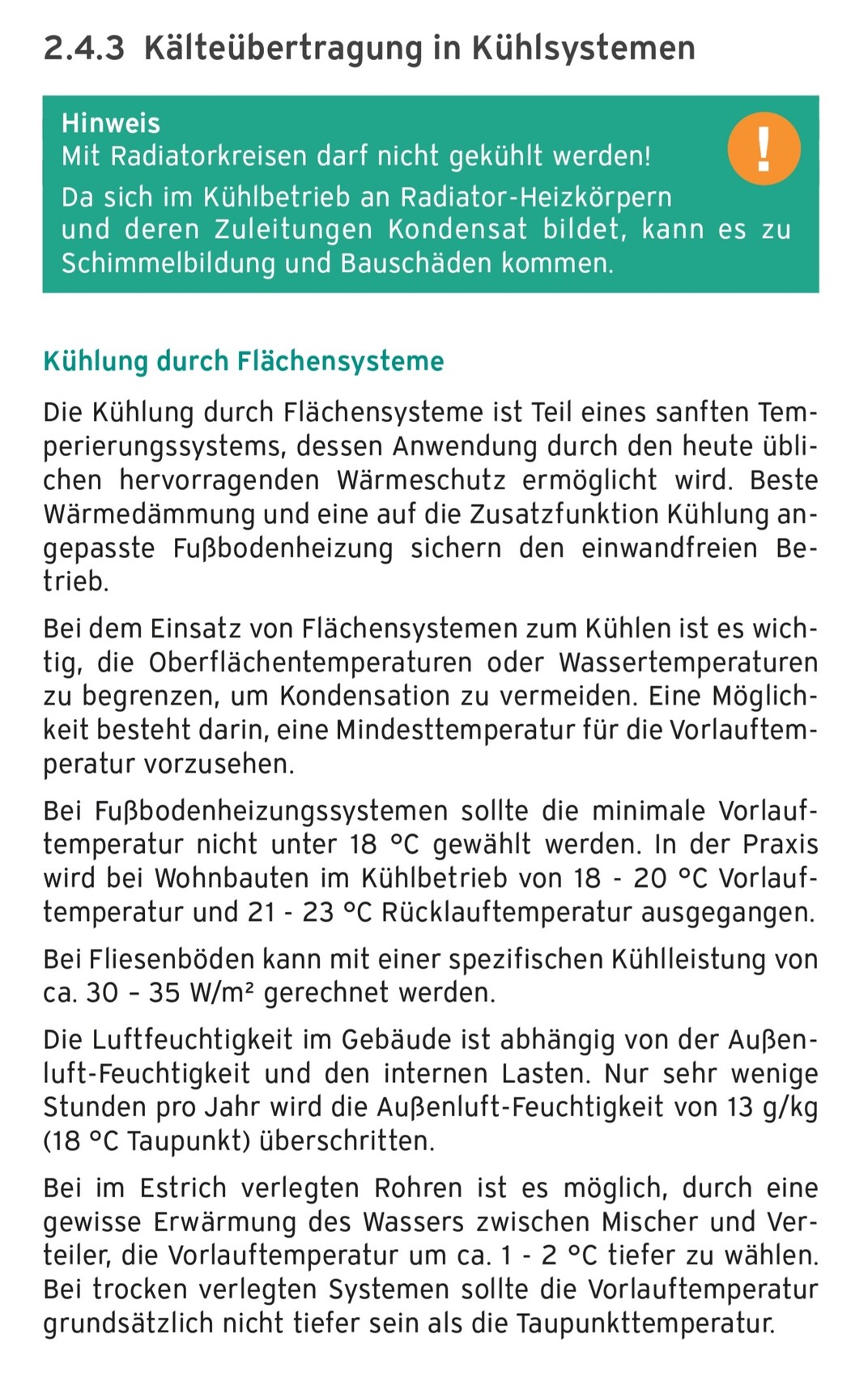 Seite über Kälteübertragung in Kühlsystemen; grüne Warnbox warnt vor Kondensat und Schimmelbildung.