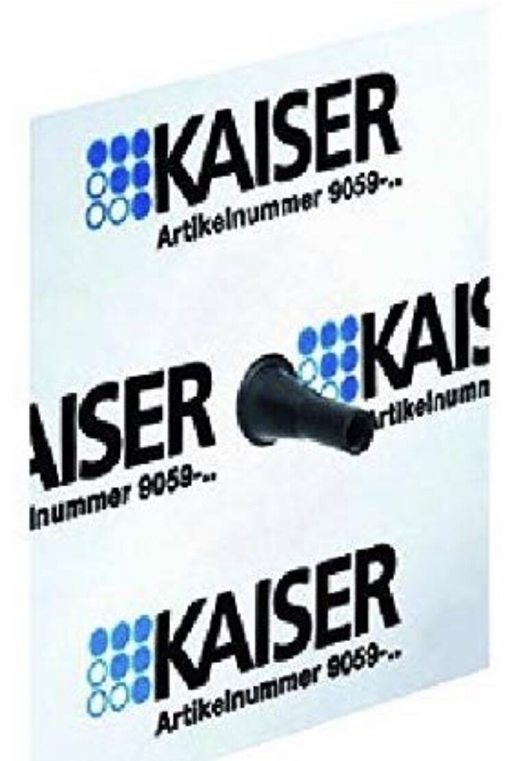 Weißes Poster mit dreifachem KAISER-Logo, blaue Punkte und schwarzem Trichter; Artikelnummer 9059.