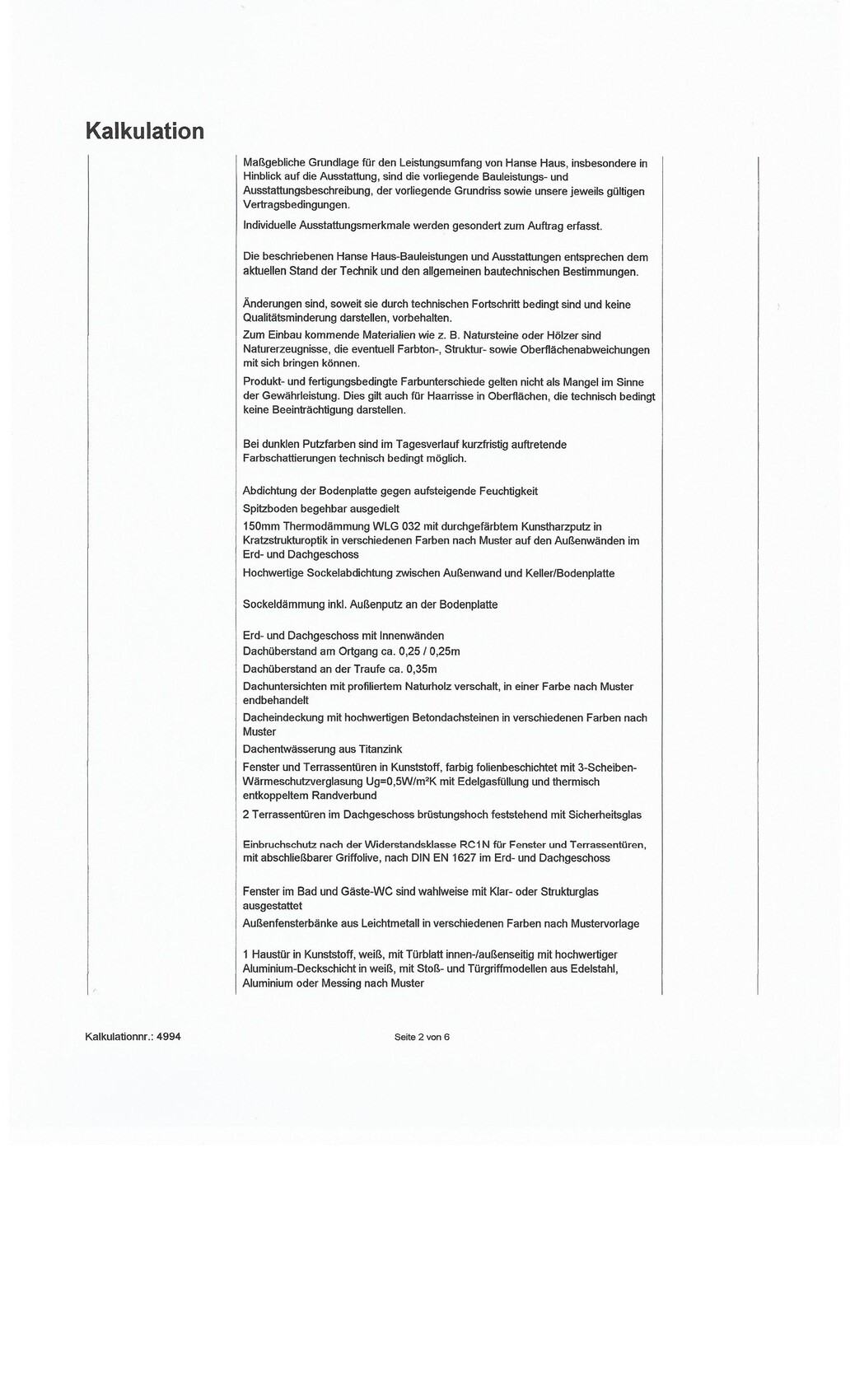 Kalkulationsdokument-Seite 2 mit Baubeschreibung und Textabschnitten