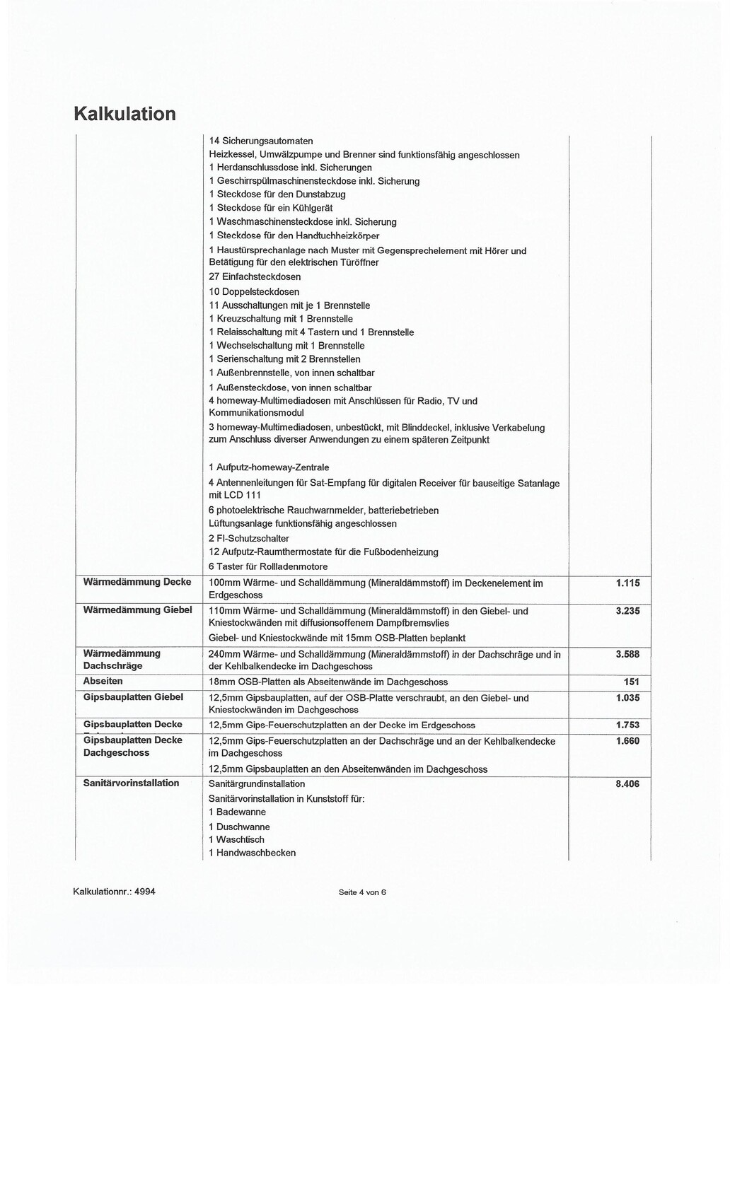 Blatt mit Kalkulationsliste für Hausbau mit Positionen und Preisen
