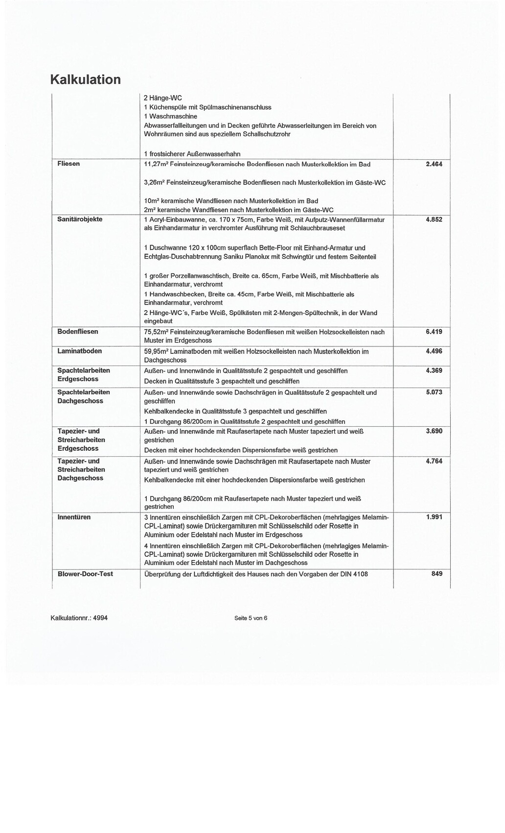 Kalkulationsseite mit Positionen zu Fliesen Sanitär Bodenbeläge und Spachtelarbeiten