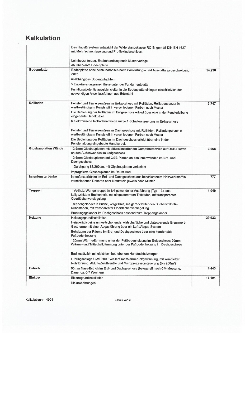 Baukalkulations-Dokument mit Positionen zu Bodenplatte, Rolläden, Treppen, Heizung und Estrich.