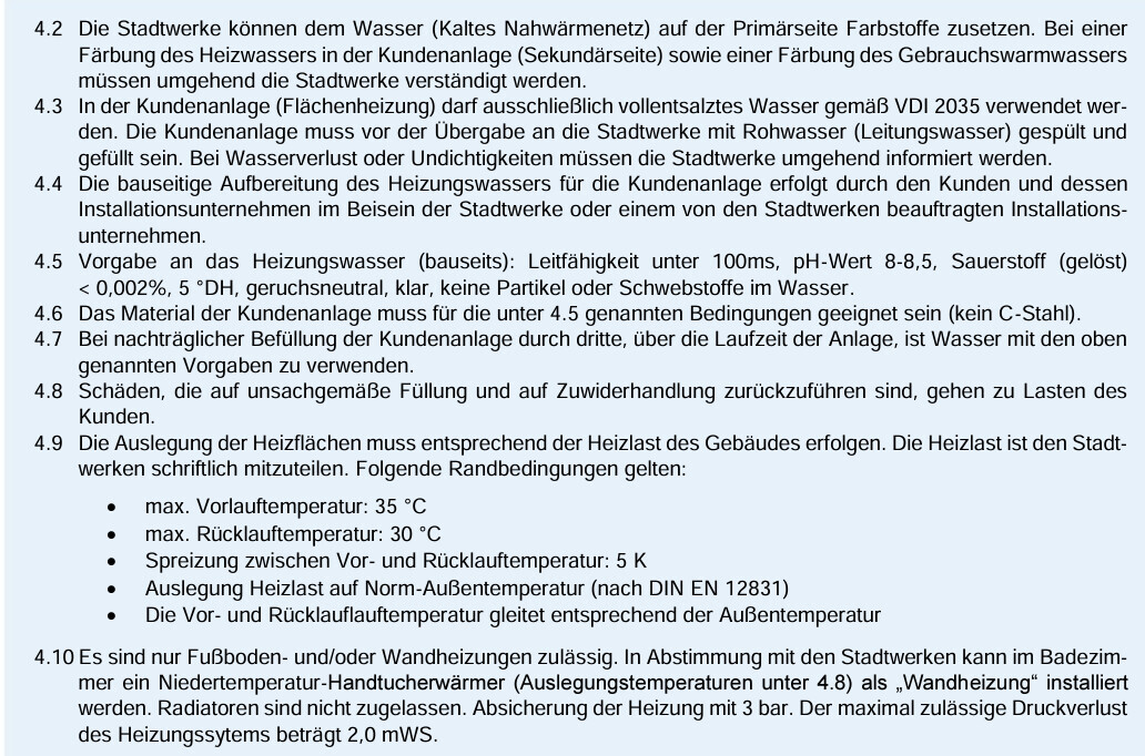 Dokumenttext mit Vorgaben der Stadtwerke zu Wasserbehandlung, Heizwasser und Temperaturen (4.x).
