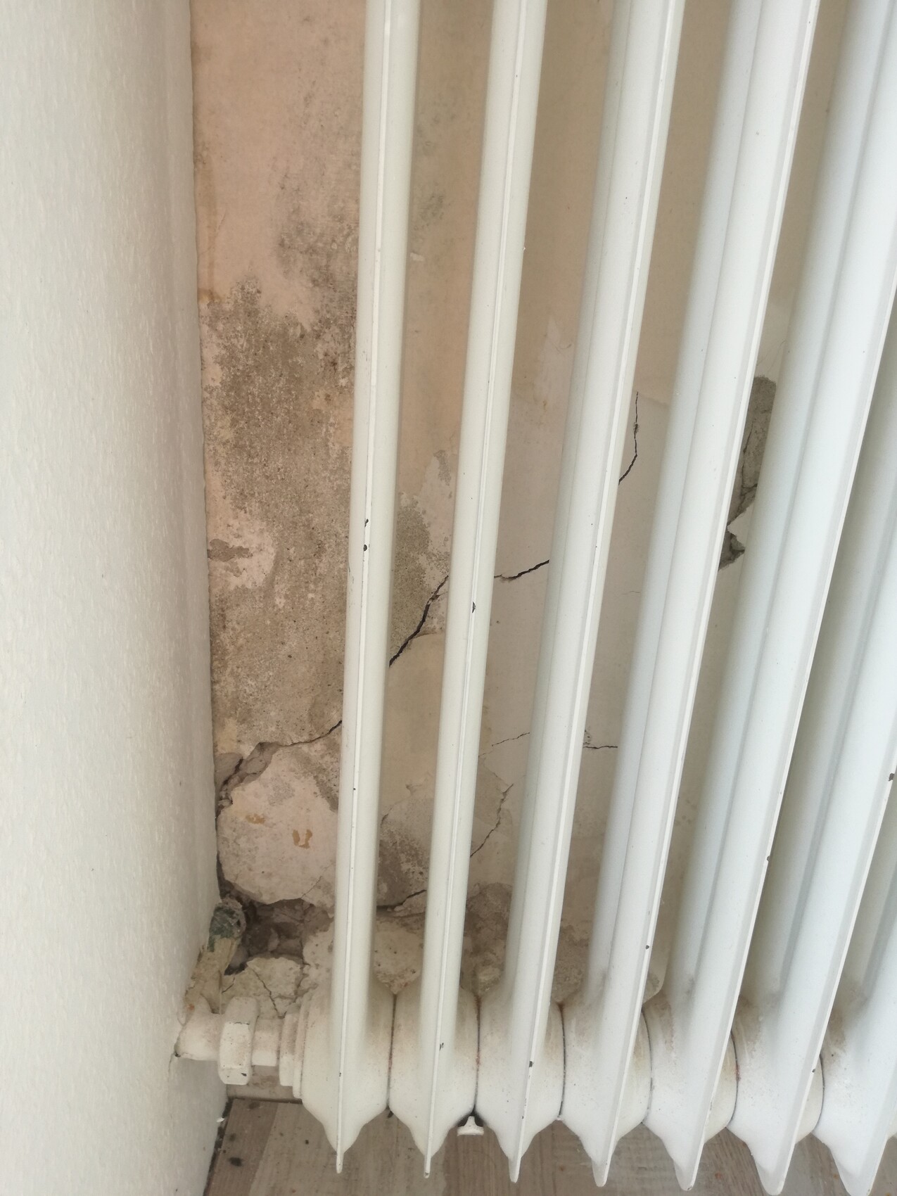 Weißer vertikaler Heizkörper vor beschädigter Wand mit Rissen und abplatzendem Putz.
