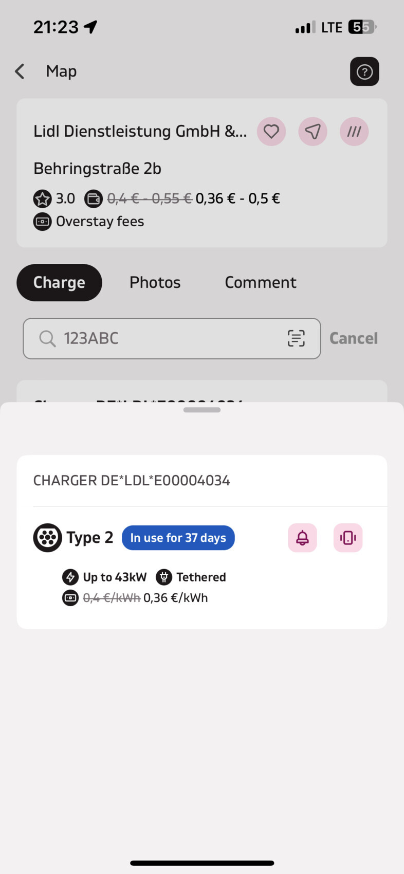 Ladestation in App: Charger DE*LDL*E00004034, Type 2, 37 days in use, up to 43kW, tethered.
