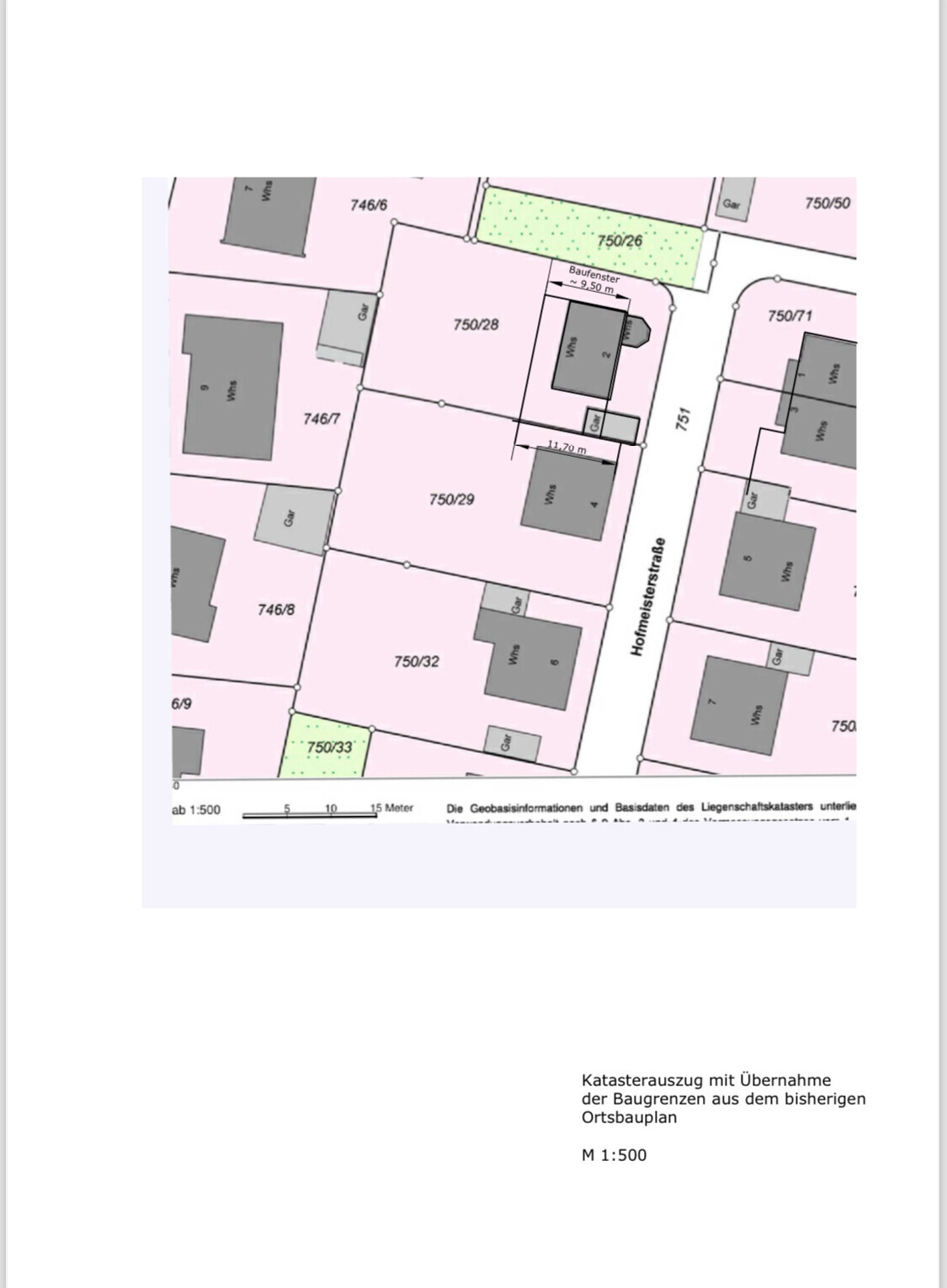 Ausschnitt eines Katasterplans mit Parzellen 750/29 und 750/33, grauen Gebäuden und Straßennamen.