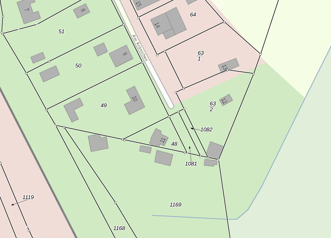 Lageplan der Parzellen mit Gebäuden; Nr. 49–51, 63, 1081–1082, 1168–1169.