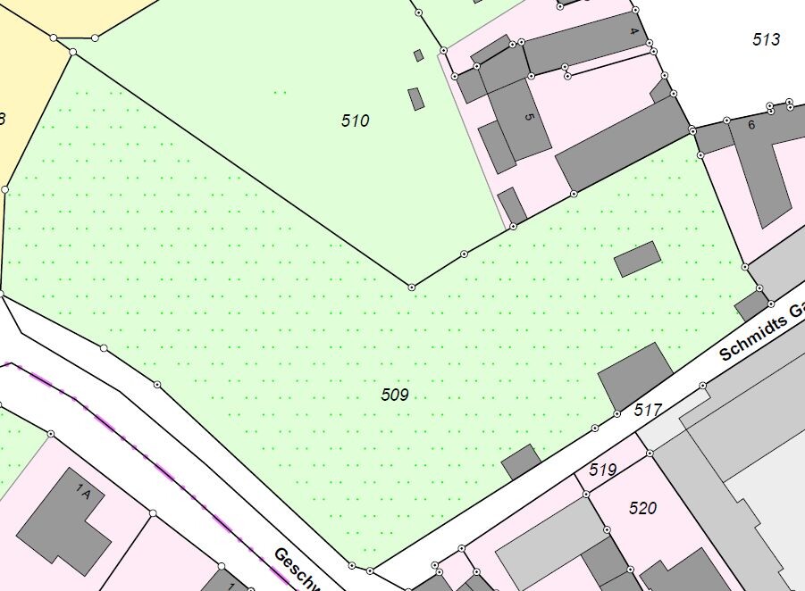 Lageplan eines Katastergrundstücks mit Grundstücksgrenzen und Gebäuden