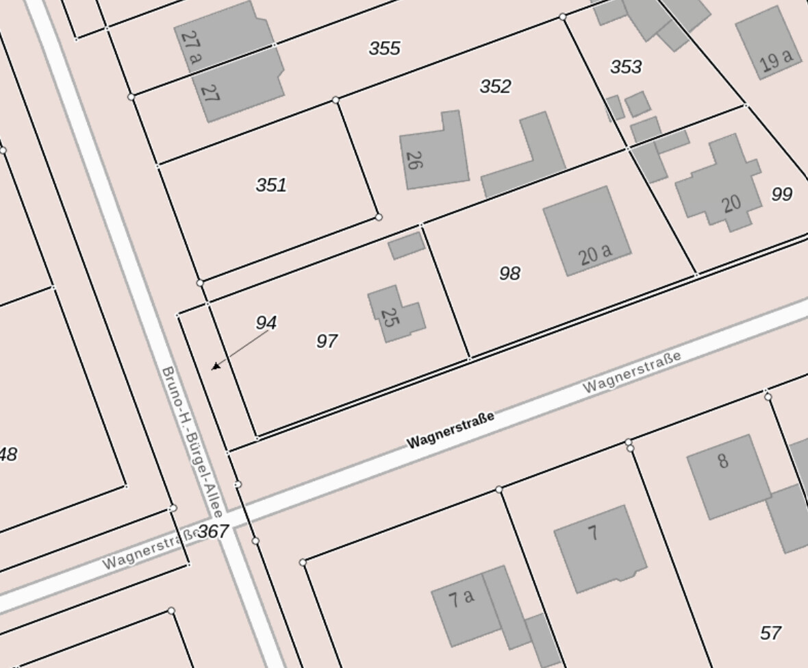Ausschnitt einer Parzellenkarte: Grundstücke mit Nummern (94,97,98,351–355) entlang Wagnerstraße.