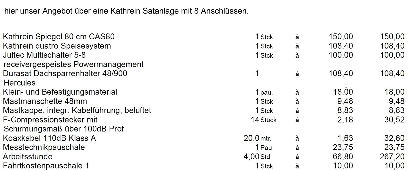 Preisangebot: Kathrein Sat-Anlage mit 8 Anschlüssen; Auflistung von Bauteilen und Preisen.