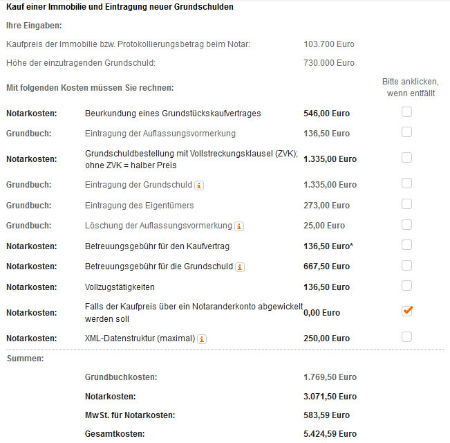 Kostenaufstellung zum Immobilienkauf: Kaufpreis, Grundschuldhöhe, Notar- und Grundbuchkosten.