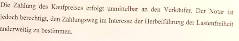 Ausschnitt aus einem Kaufvertrag mit Zahlungsanweisung durch den Notar