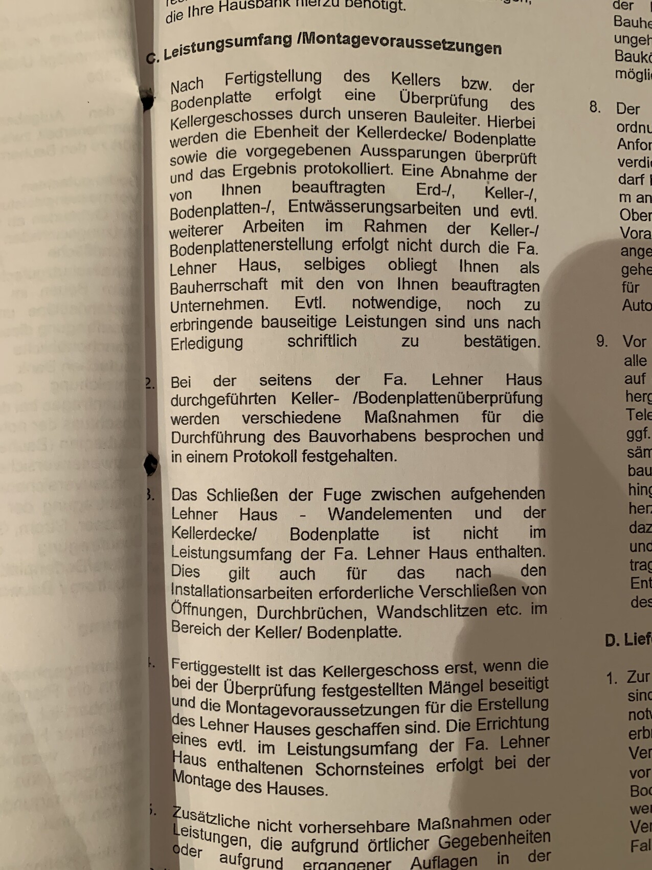 Foto einer Buchseite mit Montagevoraussetzungen und Keller-/Bodenplattenprüfungen.