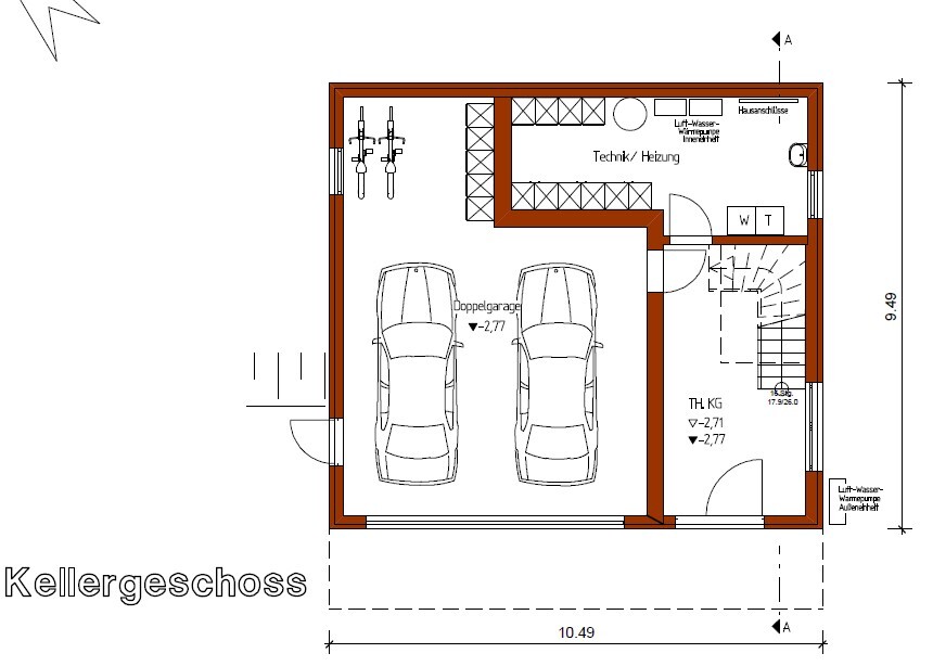 Kellergeschoss: Doppelgarage mit zwei Fahrzeugen, Technik/Heizung und Treppe.