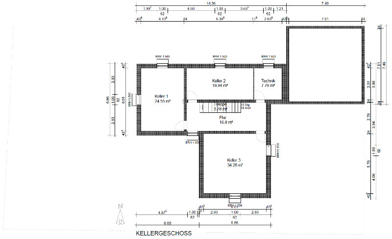 Grundriss Kellergeschoss mit Keller 1, Keller 2, Keller 3, Flur, Technik und Treppe, Maßangaben.