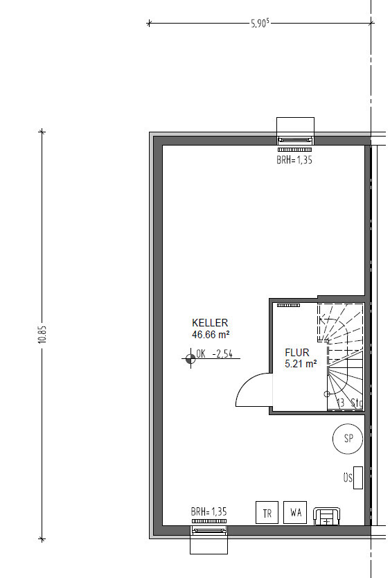 Grundriss eines Kellergeschosses mit Flur, Treppe und Türen