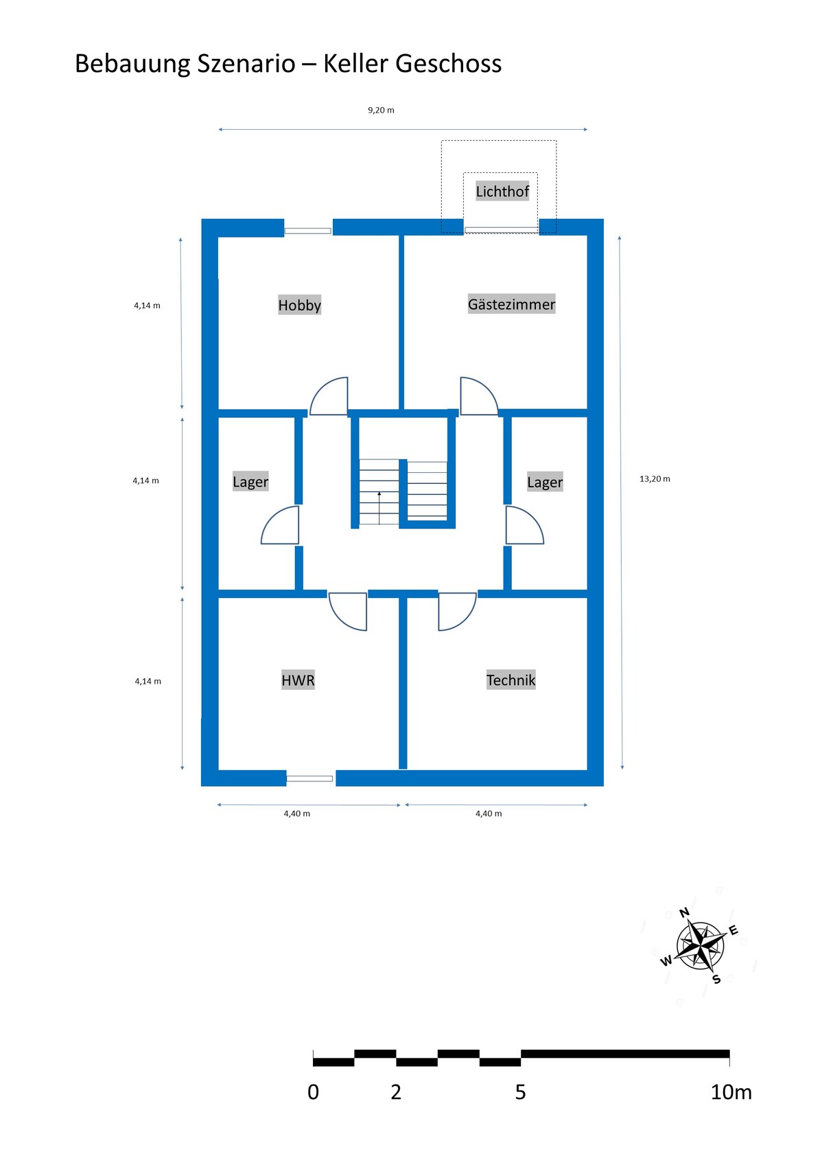 Keller-Geschoß: Treppenhaus in Mitte; Räume Hobby, Gästezimmer, Lager, HWR, Technik; Lichthof.