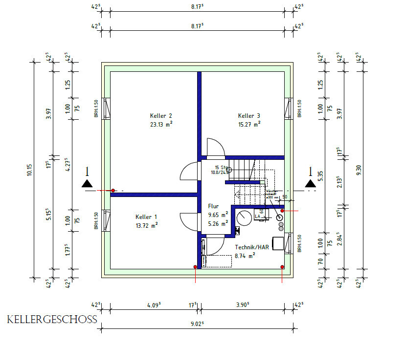 Kellergrundriss mit drei Kellerräumen, Flur und Technikbereich als 2D-Bodenplan