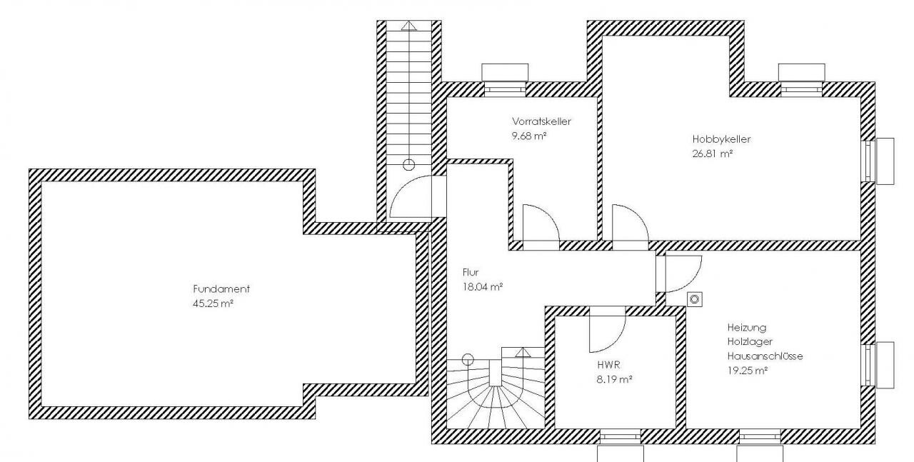 Keller Grundriss mit Fundament, Vorratskeller, Hobbykeller, Flur, Heizung und HWR