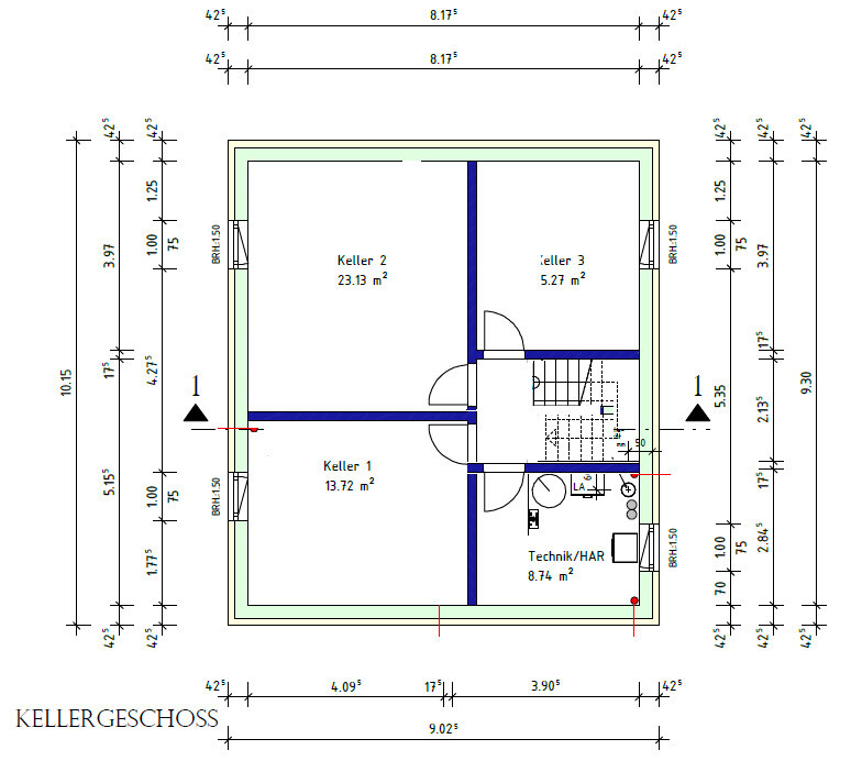 Kellergeschoss: Grundriss mit Keller 1, Keller 2, Keller 3, Technik/HAR, Treppen, Türen