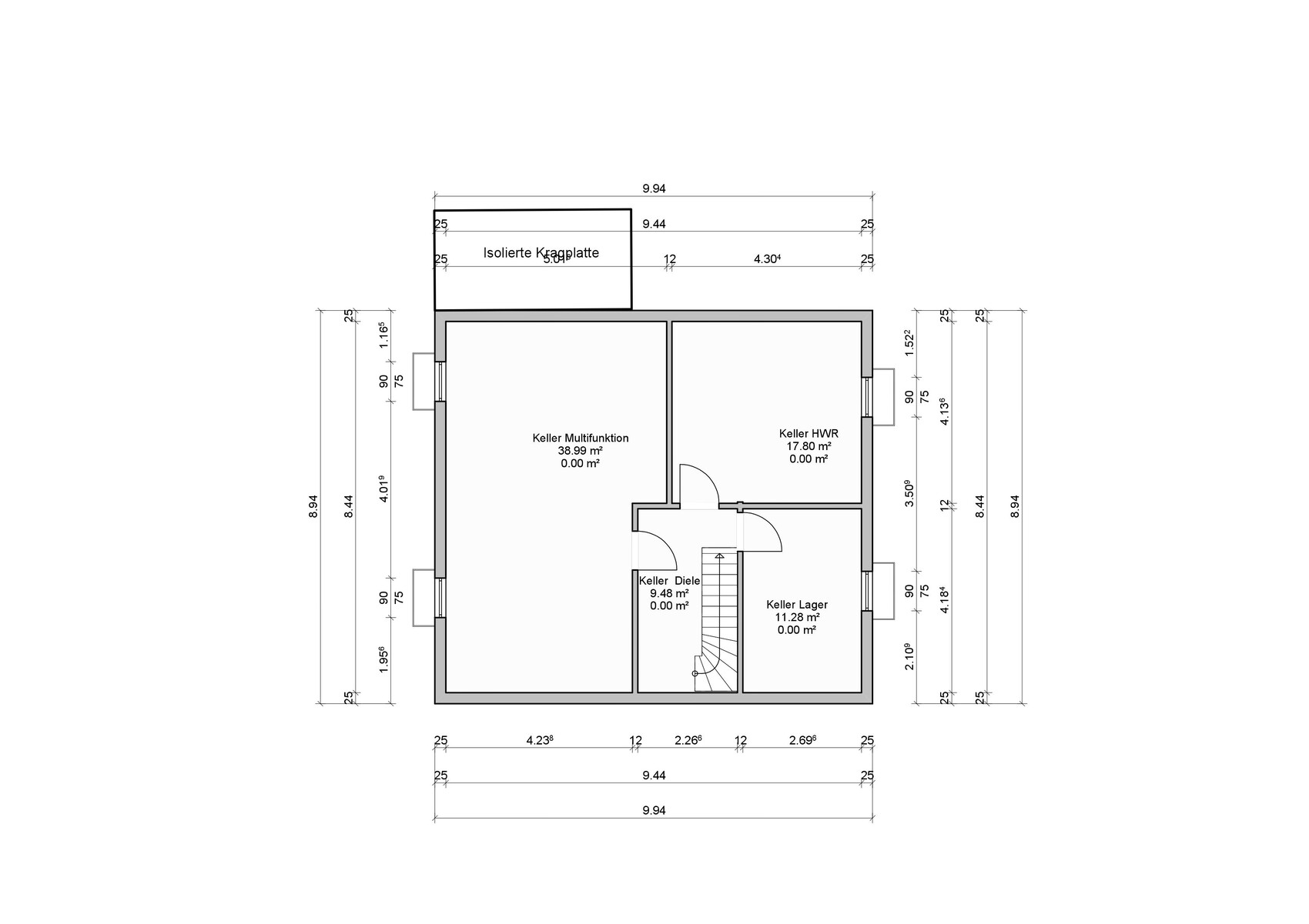 Grundriss Kellergeschoss mit Räumen: Multifunktion, HVR, Lager, Diele und Treppe (Maßangaben).