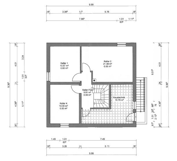 Grundriss Keller: Keller 1, Keller 2, Keller 4, Flur, Haustechnik, Treppenhaus
