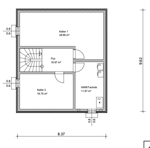 Kellergeschoss-Grundriss mit Keller 1, Keller 2, Flur, HWR/Technik und Treppen.