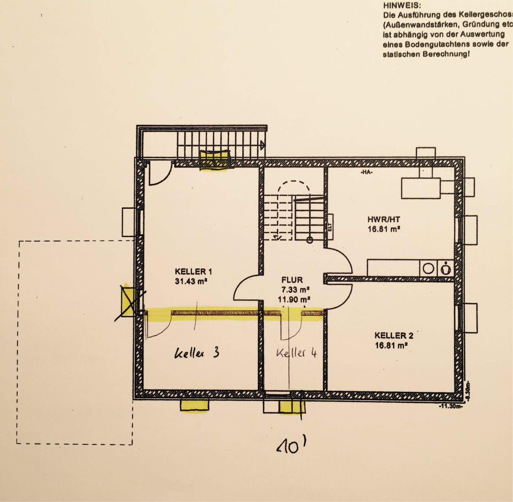 Grundrissplan des Kellergeschosses mit Flur und vier Kellerräumen (Keller 1-4)