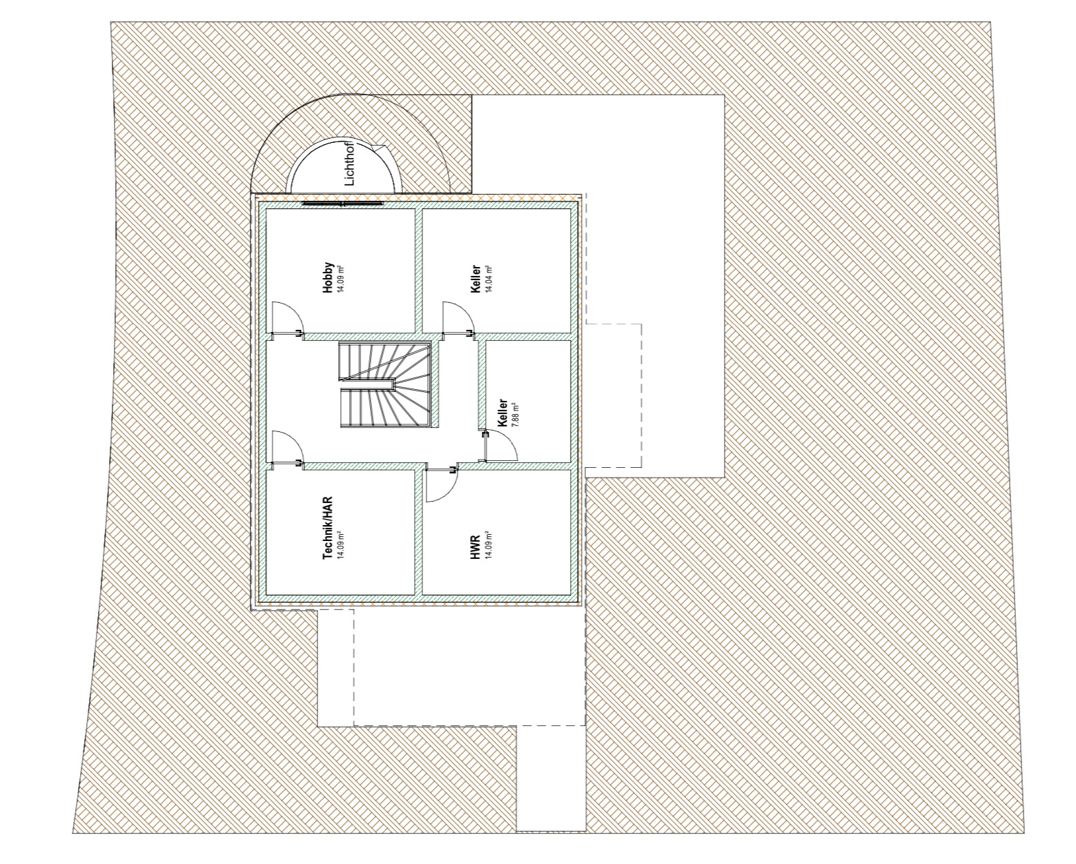 Grundriss eines Hauses mit centraler Treppe und Räumen Hobby, Keller, Technik und HWR.