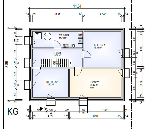 2D-Grundriss Kellergeschoss mit Flur, Kellern, Treppen und Hobbyraum