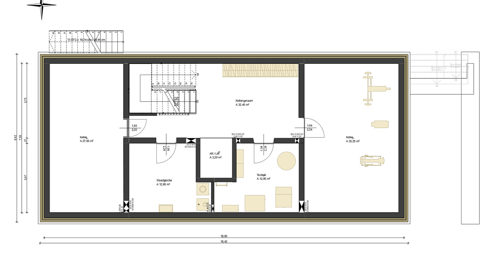 Grundriss Kellergeschoss mit Waschküche, Technik, AR/Lift und zwei Kellerräumen.