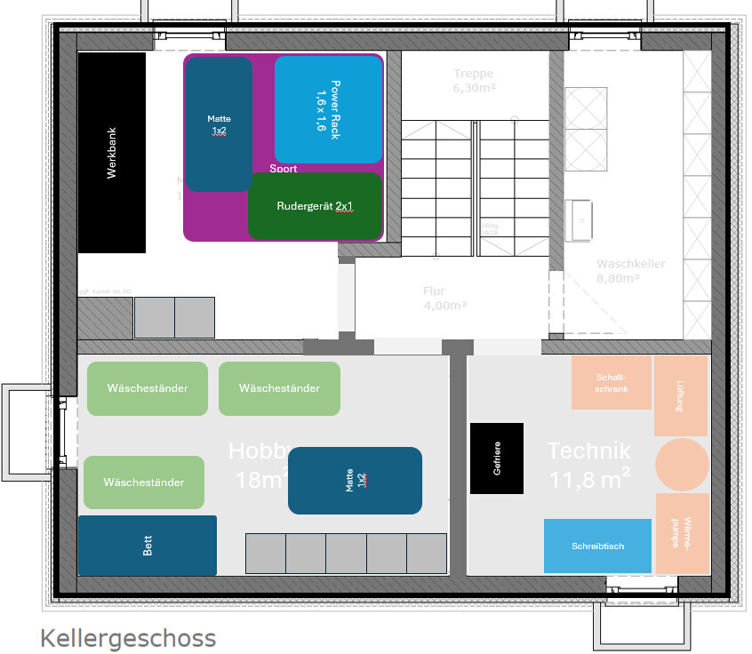 Kellergeschoss Grundriss mit Hobbyraum, Technikraum, Waschbereich und Treppenaufgang.