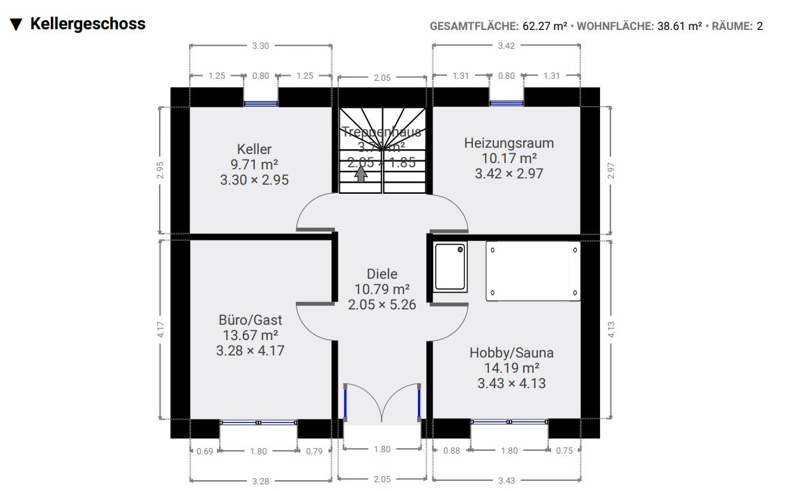 Grundriss Kellergeschoss: Diele im Zentrum; Räume Keller, Büro/Gast, Hobby/Sauna, Heizungsraum.