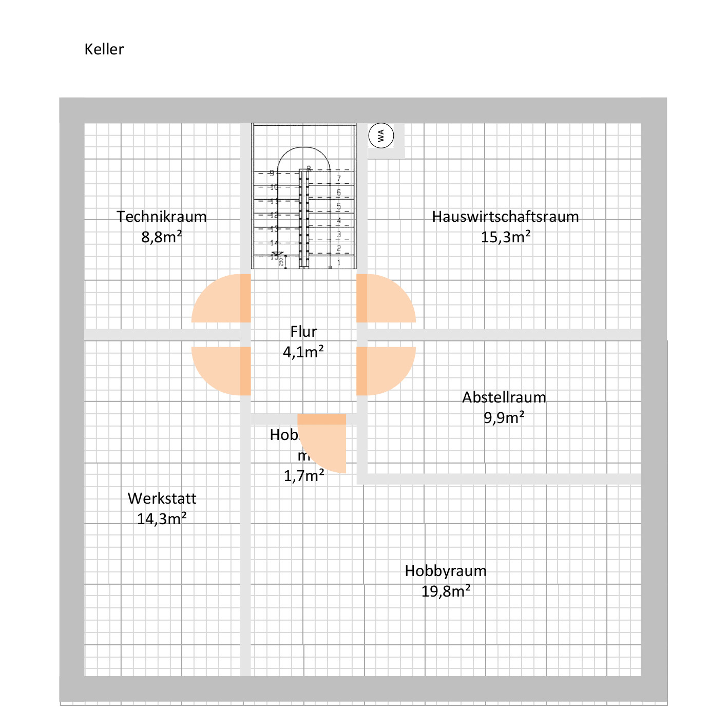 Keller-Grundriss mit Flur, Technikraum, Hobbyraum, Abstellraum und Werkstatt