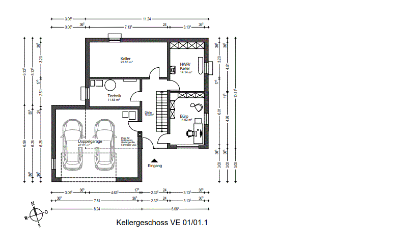 Kellergeschoss mit Doppelgarage, Technikraum, Keller, Büro, HWR und Eingang.
