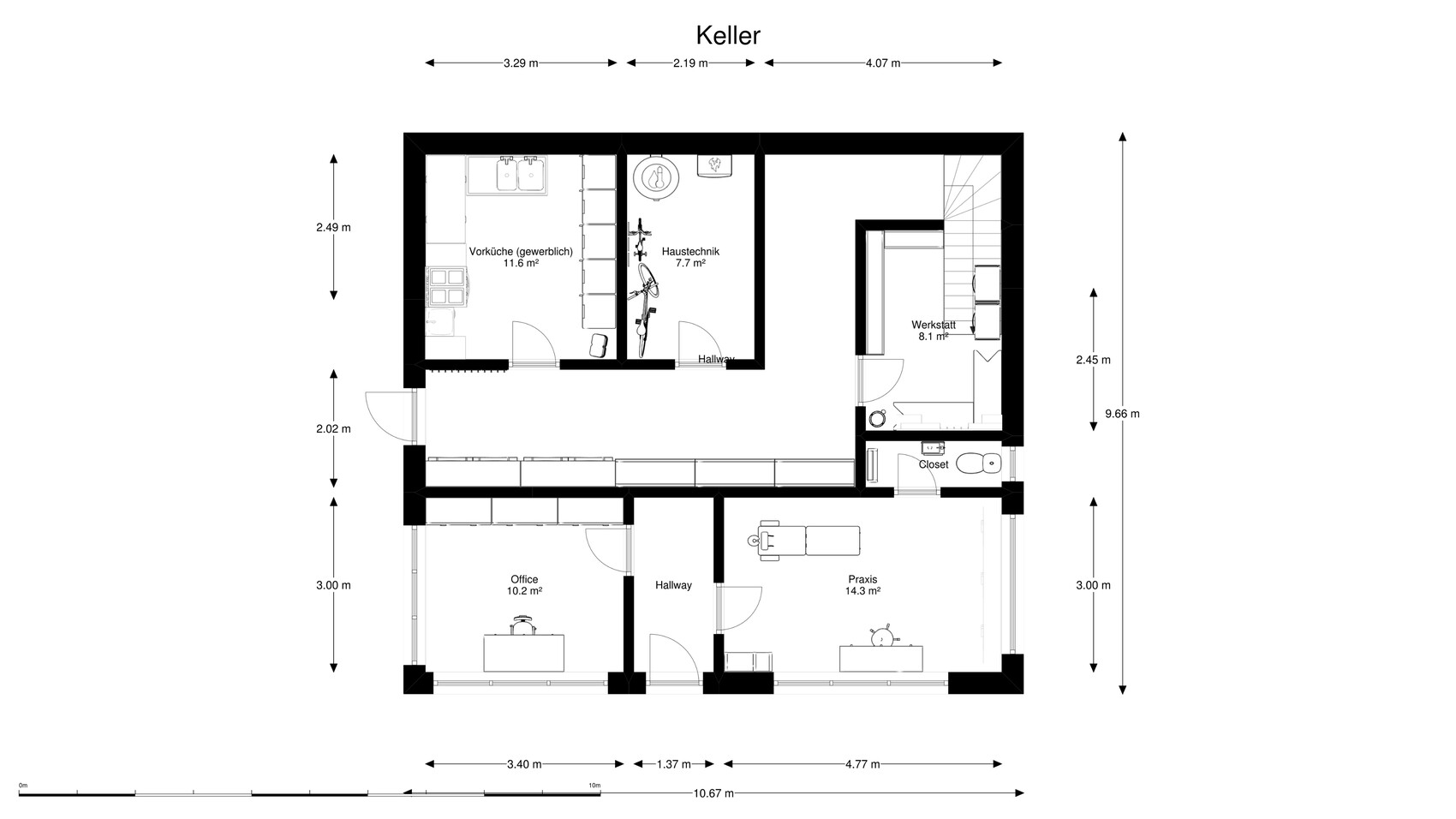 Keller-Grundriss: Vorküche, Haustechnik, Werkstatt, Büro und Praxis mit Türen.