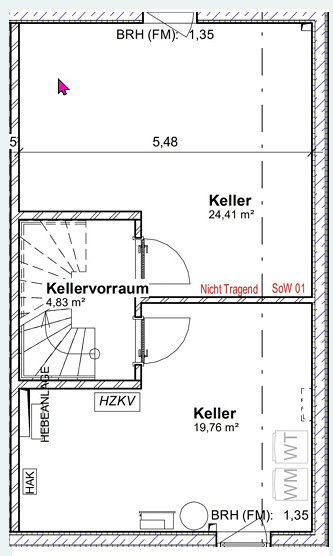 Untergeschoss mit zwei Kellerräumen (24,41 m² und 19,76 m²), Kellerraum 4,83 m², Treppenhaus.