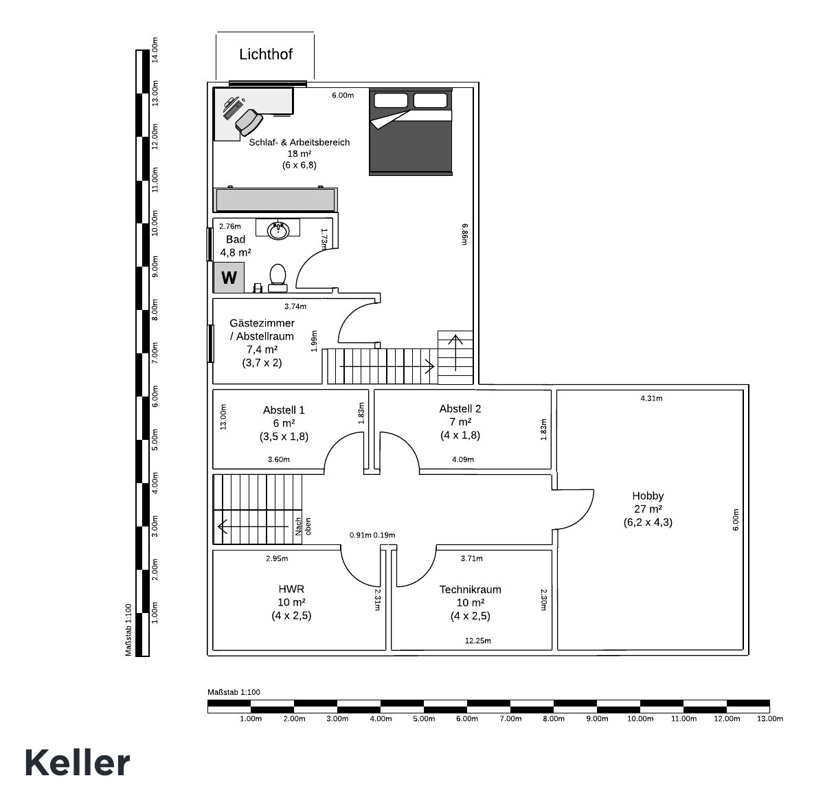 Keller-Grundriss mit Schlafbereich, Bad, Abstellräumen, Technik- und Hobbyraum.