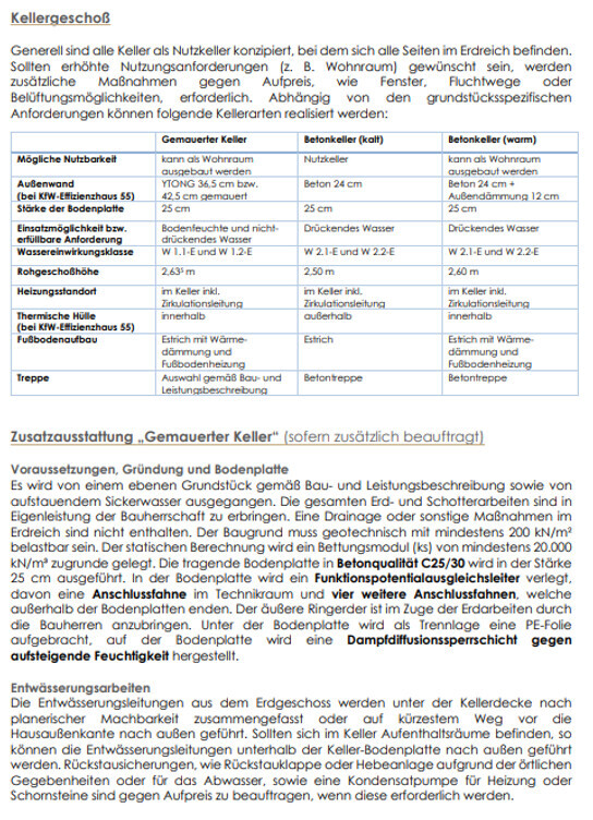 Kellergeschoss: Tabelle zu Nutzbarkeit und Zusatzoptionen für gemauerten & Beton-Keller