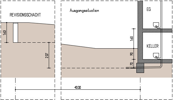 Technische Schnittzeichnung: Revisionsschacht links, Keller und EG mit Rohren.