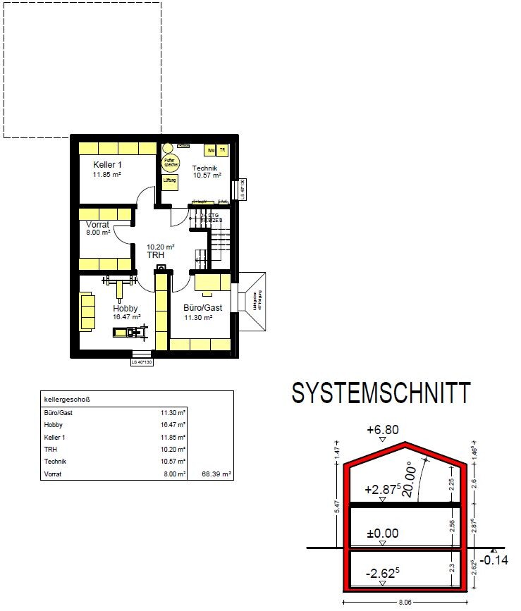 Grundriss Kellergeschoss mit Räumen (Keller 1, Vorrat, Hobby, Büro/Gast, Technik) und Schnitt.