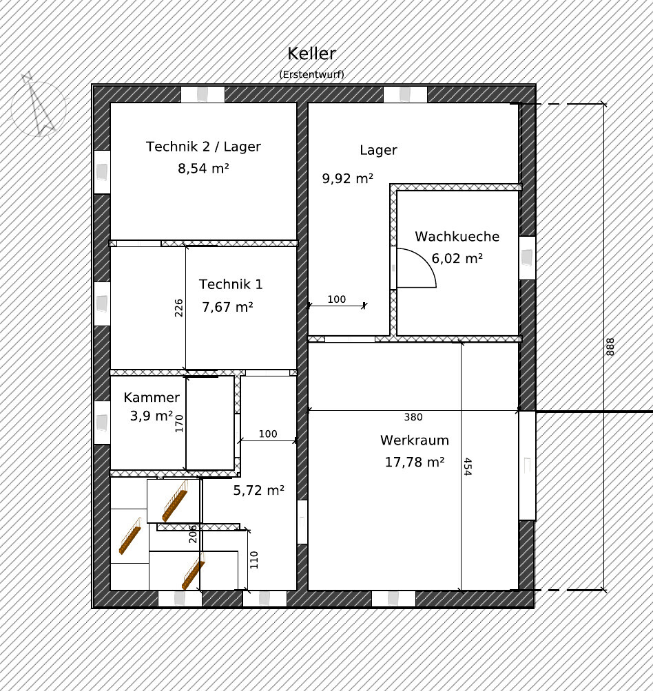 Keller-Grundriss mit Technik, Lager, Waschküche, Kammer und Werkraum.