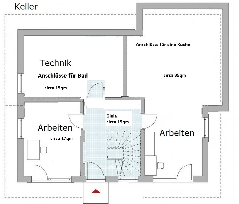 Grundriss Kellergeschoss: Technik- und Arbeitsräume, Diele, Küchen- und Badanschlüsse.