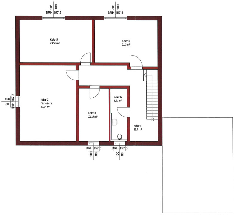 Grundriss Kellergeschoss mit 6 Kellerräumen, Treppe und Türen, Flächenangaben in m².